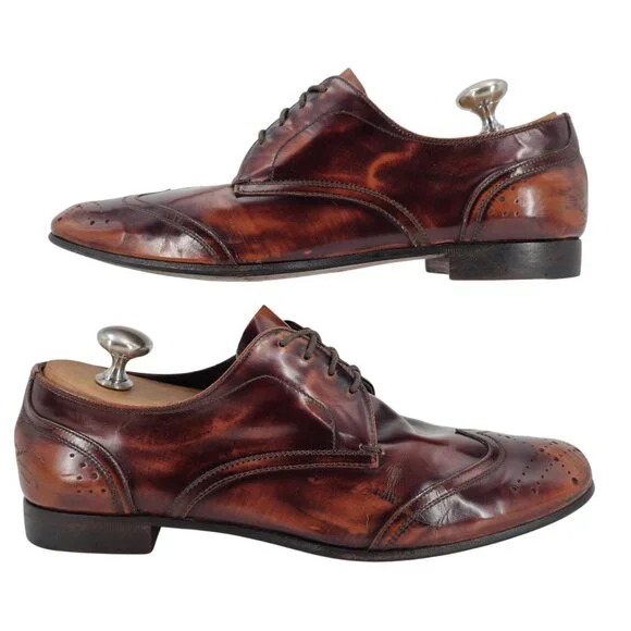Prada Italy Mens 7.5 Distressed Brown Leather Wingtip Derby Oxfords Dress Shoes - Picture 5 of 13